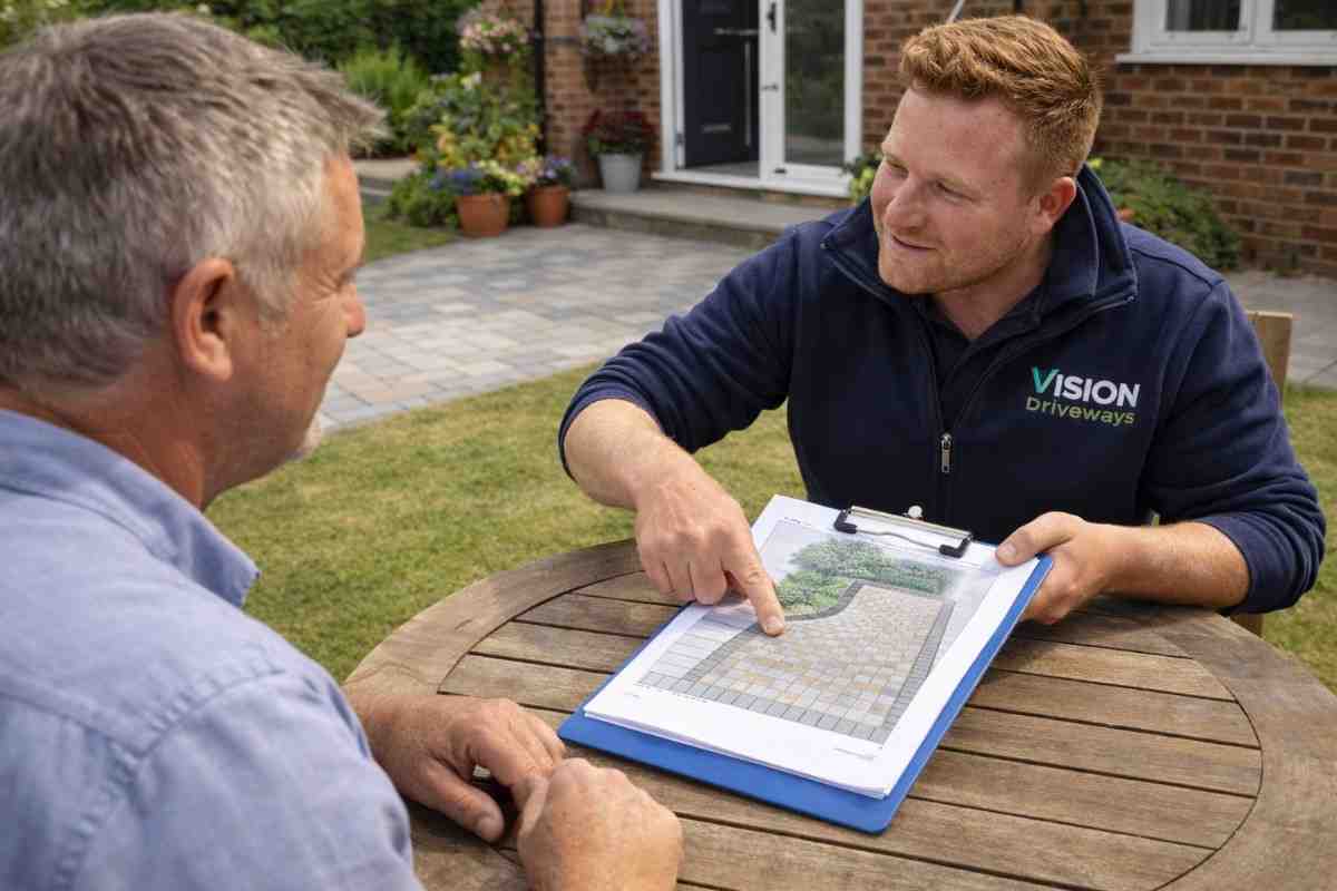 Consultant discusses driveway design outdoors
