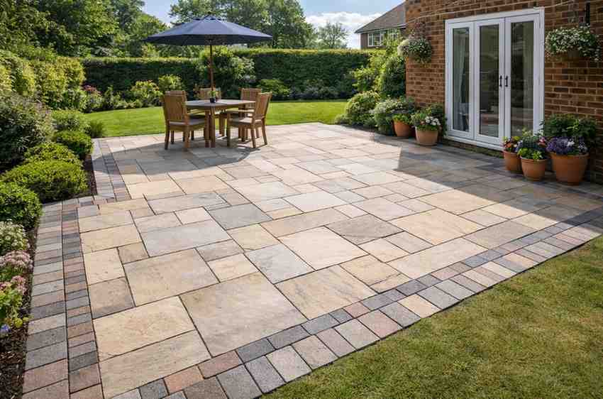 Sunny garden patio with wooden furniture